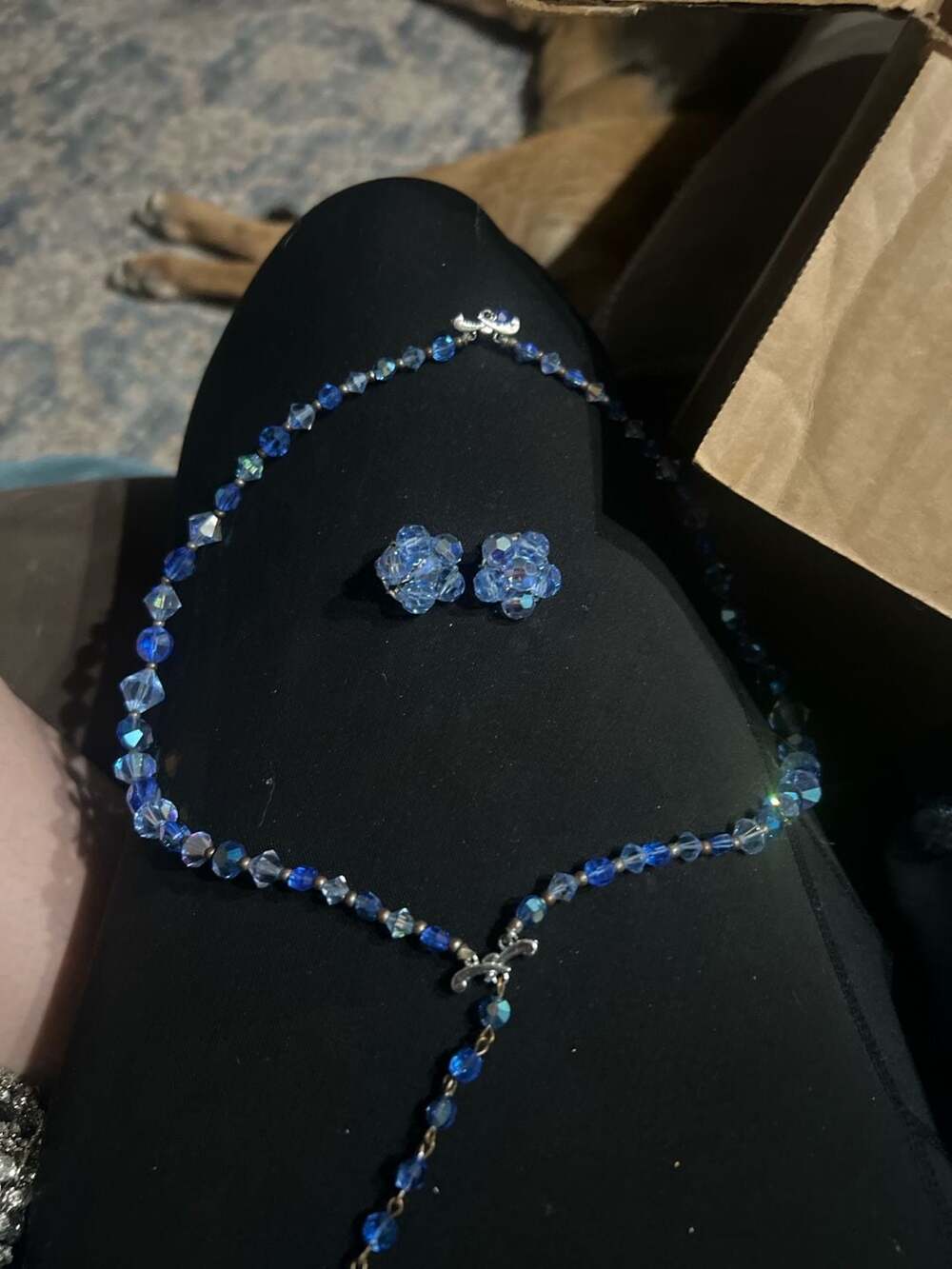 Swarovski Blue Crystal Bicone Bead Necklace and Cluster Ear Set with Swan Clasp